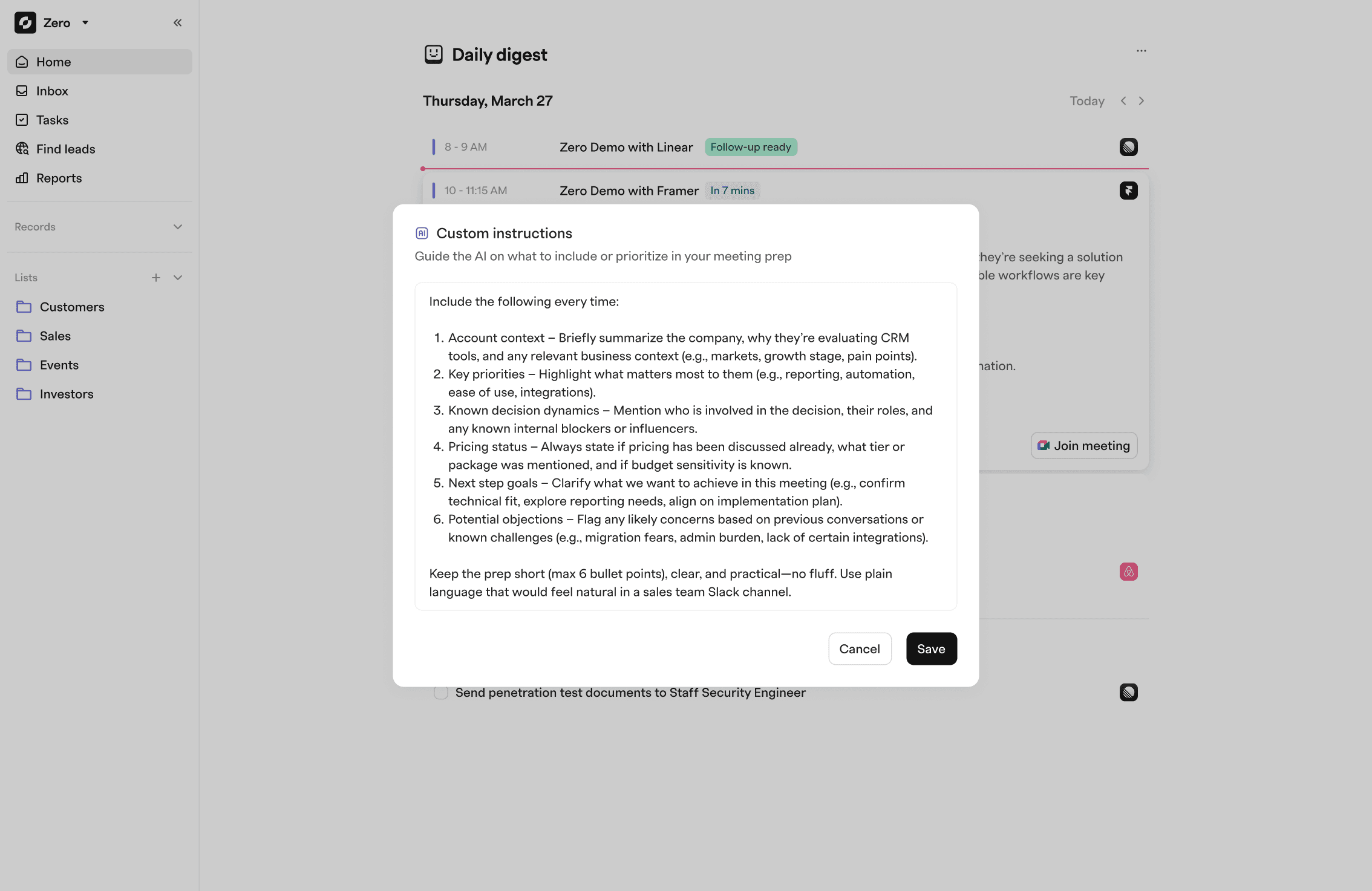 Custom prompts for AI-generated notes: in Zero